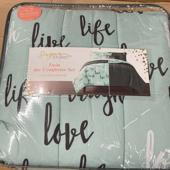 Grey and Mint Blue TWIN Comforter Set New - Picture 1 of 4